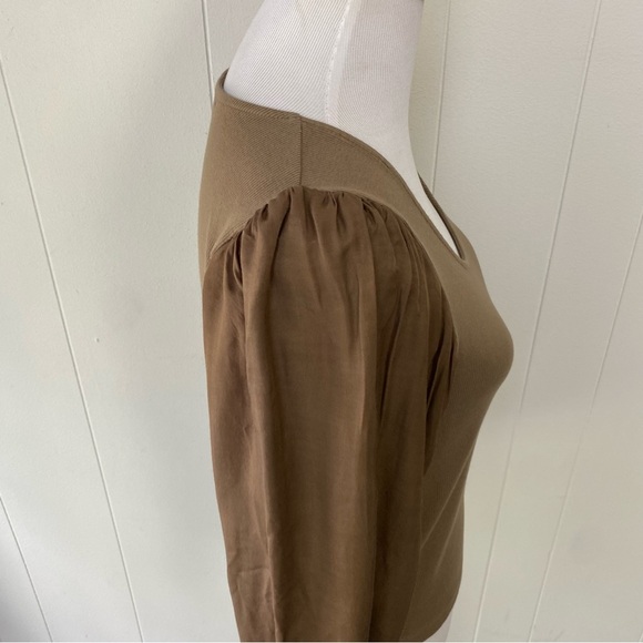 Sundry Mixed Media Top 3 US L Rib Knit Satin Puff Sleeve Brown Scoop Neck Crop - Picture 4 of 12
